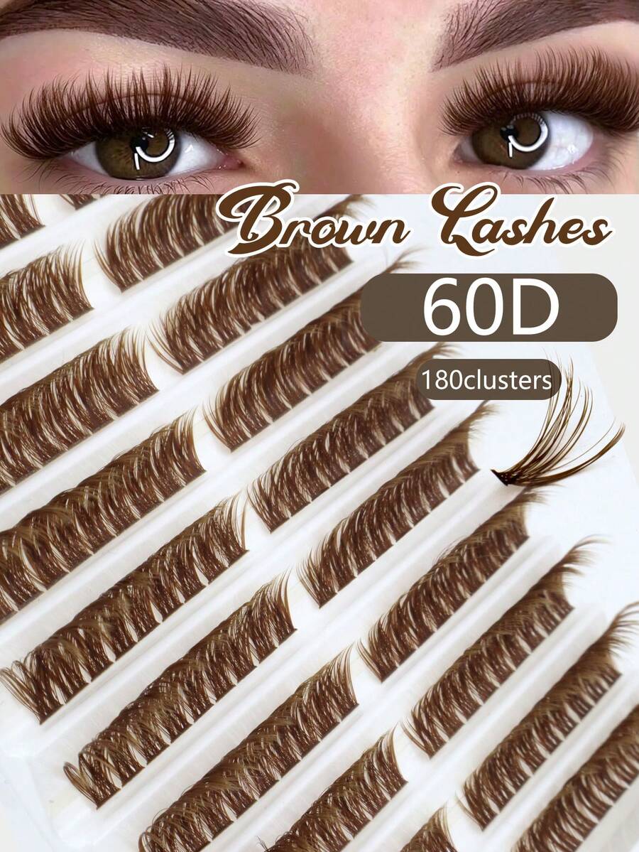 180 Clusters Brown 60D Dense Fox Eye Segmented Eyelash Extensions DIY Fluffy Curly Lightweight Comfortable Faux Mink Daily Makeup False Eyelashes - D - View 1
