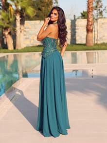 Romantic Women's Chiffon Sleeveless Halter Neck Maxi Dress, Decorated With Embellished Bodice And Flared Hem, Suitable For Photography, Dinner, Portrait, Events - Green - View 2