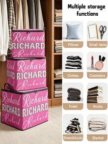 Personalized Name Storage Box, Custom Multi-Style Font Printing, Large Capacity Foldable Fabric Wardrobe Organizer, With Lid And Reinforced Handle Pattern Design, Secure And Durable Zipper, Portable Foldable Style, Suitable For Office Storage - Multicolor - View 4