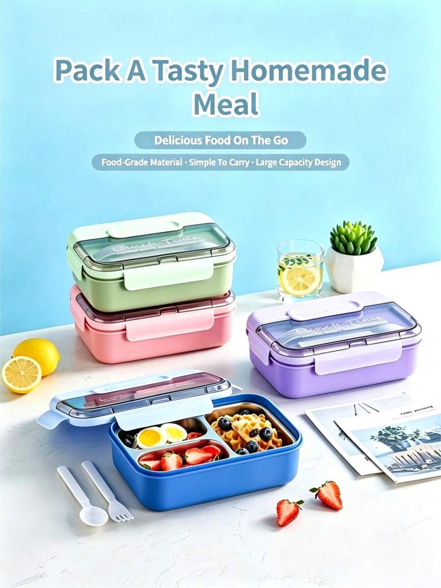 1 buah Kotak Makan Siang, Set Perlengkapan Makan Siang Portabel, Kotak Bento Stainless Steel 720ml dengan Sekat, Wadah Makanan dengan Garpu dan Sendok, Wadah Penyimpanan Makanan yang Dapat Digunakan Kembali, Perlengkapan Kembali ke Sekolah, Paket Makan Siang Harian Siswa, Pengatur Makanan Sekolah, Kotak Makanan Portabel - MultiWarna - View 1