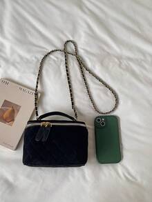 1件迷你女款手提包，時尚純色刺繡菱格紋絎縫斜挎包，適合放置卡夾與鑰匙 - 黑色 - 查看 4