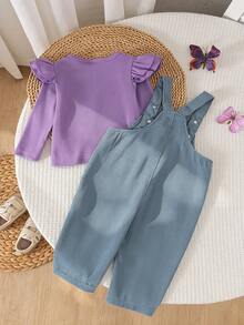 2pcs Baby Girl Cute Casual Ribbed Top & Towel Embroidery Corduroy Overalls Set, Thin Spring/Autumn - Purple - View 2