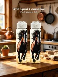 1pc/5pcs 750ml/26oz Plastic Water Bottle, Flip Top Leak-Proof Lid, Reusable Sports Water Bottle With Horse Pattern, Suitable For Gym, Camping, Outdoor Travel, Horse Lover Animal Gift, Aesthetic Water Bottle - Multi-color-steed - View 2