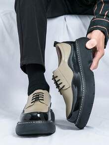 Colorblock Lace-Up Derby Shoes With Contrasting Upper, Thick Platform Sole, Glossy Patchwork Design, Street Style Comfortable Casual Shoes For Dating, Daily Wear And Party - Khaki - View 1