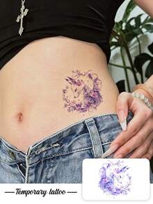 1pc Temporary Tattoo, Watercolor Purple Nine-Tailed Fox With Floral Pattern, Realistic Fake Tattoo Design, For Daily, Bachelorette Party Favors, Music Festival, Game, Graduation Gift, Lasts 3-5 Days - Multicolor - View 1