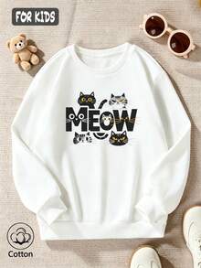 هودي أطفال كرتوني عصري بتصميم قطة MEOW - أبيض - مشاهدة 3