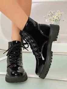 Glossy Black PU Thick Heel Ankle Boots & Round Toe Boots - Lace-Up Closure Design, Round Toe, Rubber Sole - Shiny Dress Boots Suitable For Various Occasions, Applicable For Casual Outfits - Black - View 4