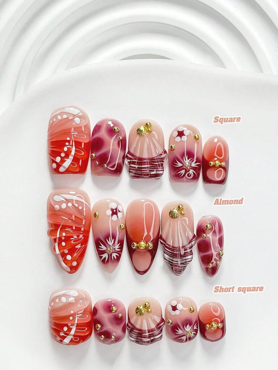 10pcs Autumn Vintage Red Handmade Press-On Nails, Polygel Nail Art Set, Shell Red Nail Polish, Traditional Chinese Shell Style, 3 Sizes Available, Square/Short Square/Almond Shape, Suitable For Party, Dancing, Daily Wear (Handmade Details May Vary) - Multicolor - View 1