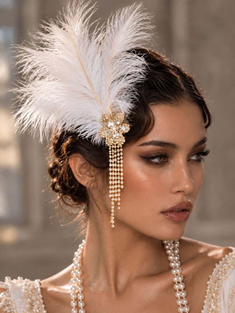 outingfit 1pc New Feather Hair Comb Minimalist Vintage Floral Tassel Hair Accessory Headpiece For Women - Gold - View 1