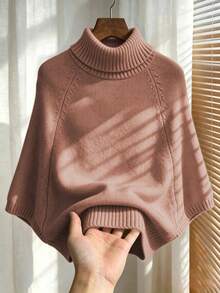 Women's Casual Autumn/Winter Solid Gray High Neck Batwing Sleeve Knit Top, Cinched Waist Textured Design, Daily Commute Office Wear Pullover - Redwood - View 8