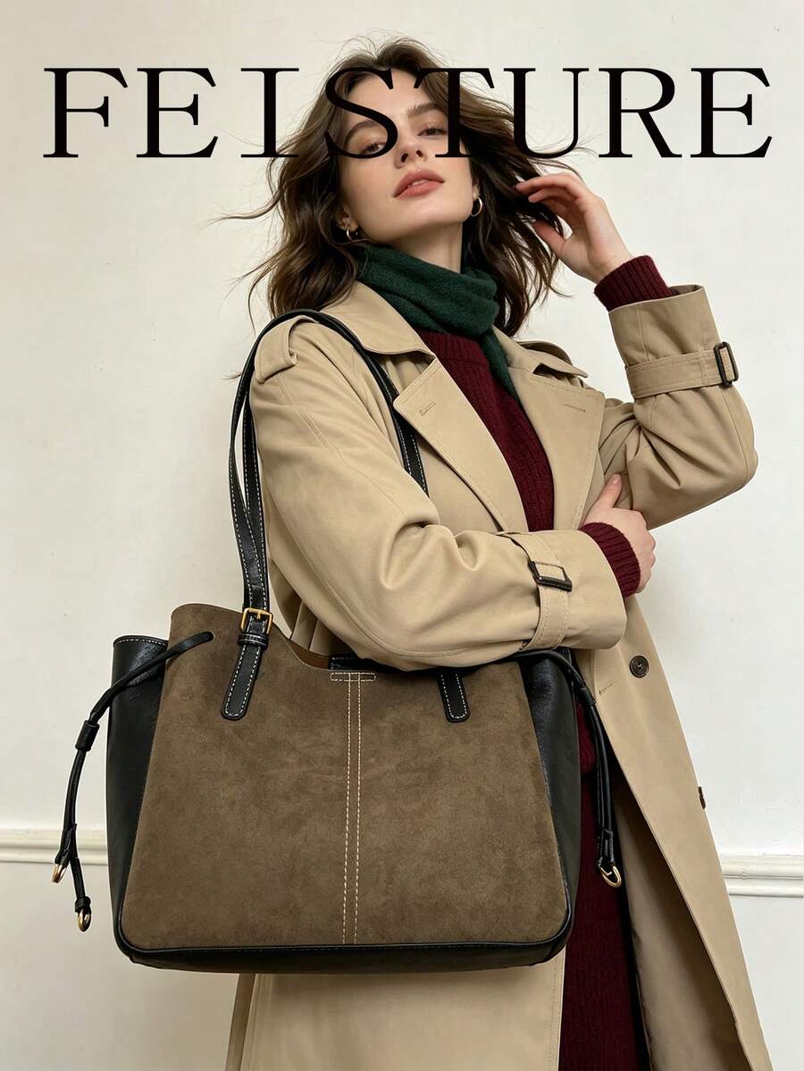 FEISTURE 1件裝麂皮與PU布料拼接多層托特包，時尚女款單肩包，適合女孩、女士、大學生、職場新人與上班族，適用於工作、商務、通勤、上學