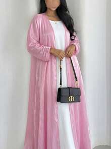 Elegant lång enfärgad morgonrock för kvinnor, modest pendlarklädsel - Rosa - Visa 6