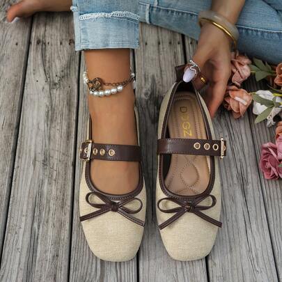 1 Pair Women Contrast Trim Decorative Eyelet Buckle Strap Linen Synthetic Upper Anti-Slip Square Toe Flat Mary Jane Flats Daily Casual Wear