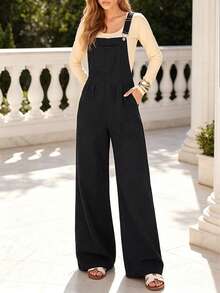 Women's Vintage Black Denim Sleeveless Long Jumpsuit With Buttons, Zipper Pockets, Fashionable Non-Stretch Fabric - Black - View 4