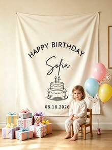 Customized Baby Birthday Cake Banner, Personalized Birthday Name Backdrop, Fabric Sign, White Bohemian Style Birthday Wall Decor, Baby Birthday Decoration - Multicolor - View 7