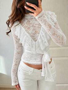 Women's Lace Patchwork Blouse, Elegant Casual French Style Ruffle Trim Cut White Top - White - View 2