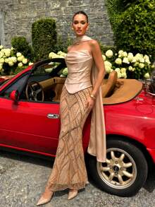 UNITHORSE[Random Cut]Bandeau Waist-Cinching Satin Patchwork Sequin Dress - Champagne - View 2