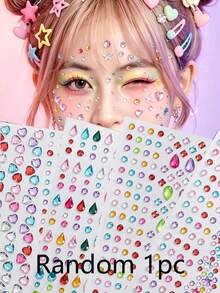 Random 1/4 Sheets Y2K Colorful Face Gem Stickers, Multi-Color Heart, Star, Teardrop Rhinestone Self-Adhesive Face Jewelry Decals For Festival Party, Cosplay, Christmas, Halloween Makeup, Body Eye Decoration And Face Diamond Stickers - Multicolor - View 10