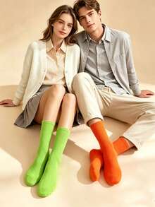 1/2 Pairs Orange Mid-Calf Socks, Suitable For Daily Wear, American Street Style - Multicolor - View 4
