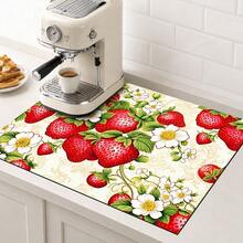 1pc Red Strawberry & White Floral Kitchen Drain Mat Table Mat, Fruit & Plant Print Dining Table Mat Coffee Table Mat, Country Farmhouse Style Desktop Decor Mat, Spring & Summer Kitchen Dining Home Decor - Multicolor - View 4