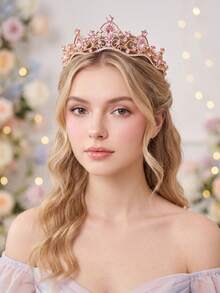 1pc Pink Rhinestone Princess Crown Vintage Crystal Tiara For Women Birthday Prom Wedding Fairycore Hair Accessories - Pink - View 2