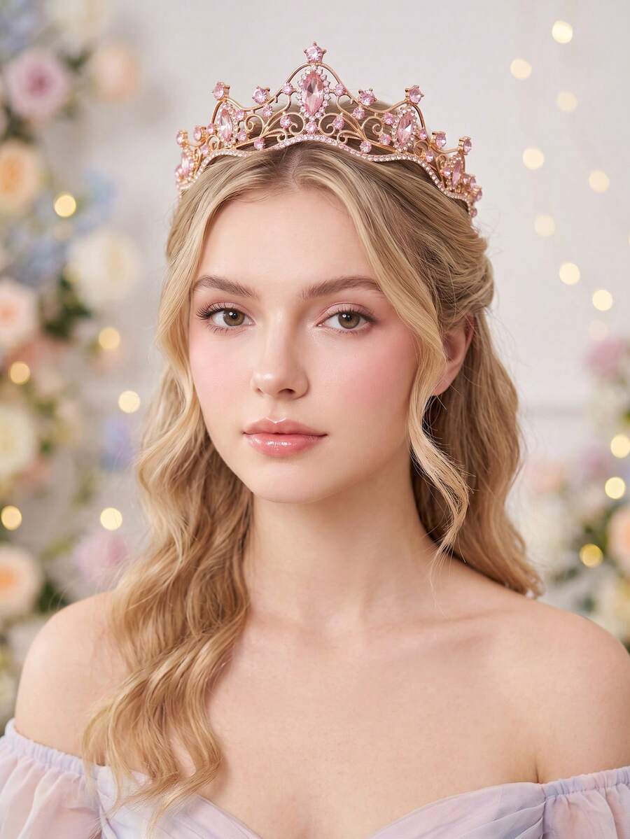 1pc Pink Rhinestone Princess Crown Vintage Crystal Tiara For Women Birthday Prom Wedding Fairycore Hair Accessories