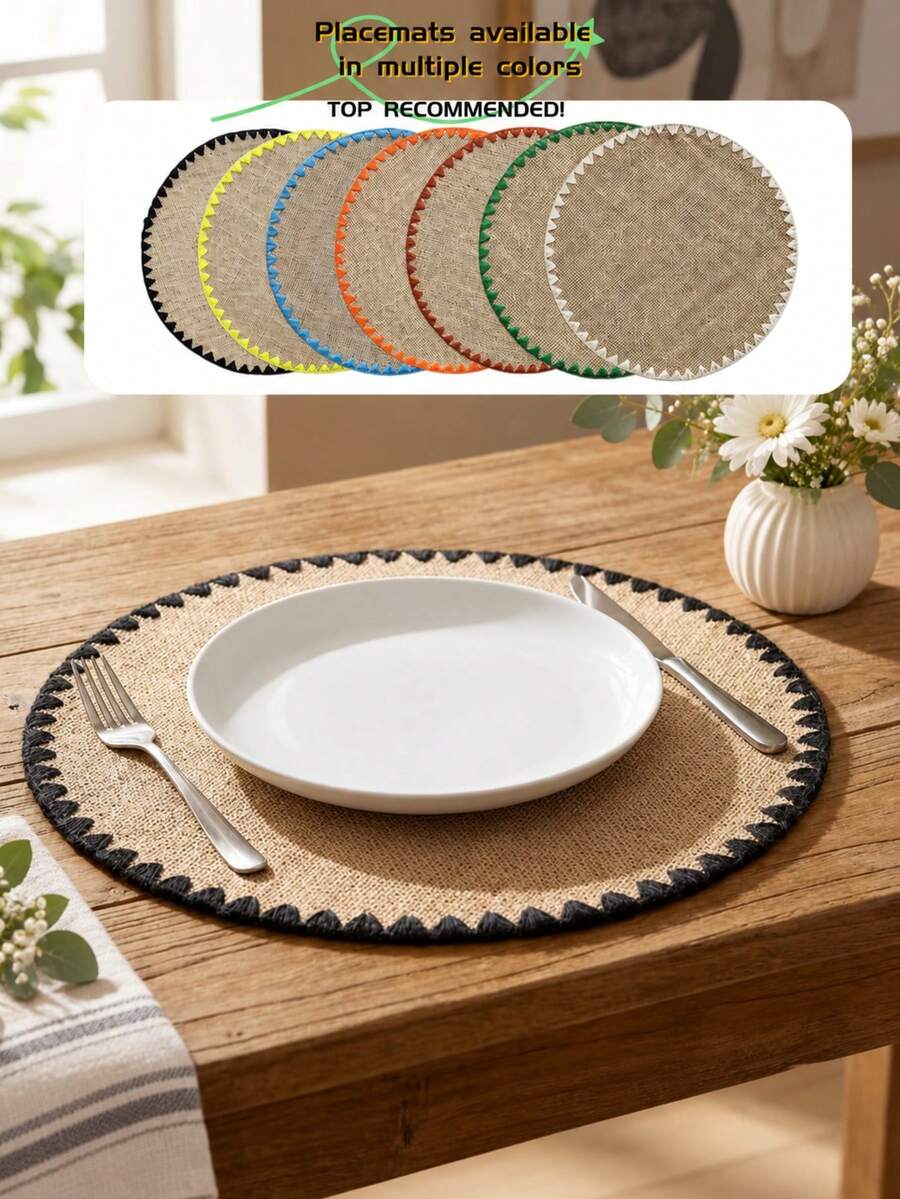 1/4/6pcs Bohemian Style Round Placemats, Natural Linen With Tassel & Shell Edge, Non-Slip Coasters For Table, Office Desk, Holiday Party, Birthday, Wedding, Home Decor - Multicolor - View 1
