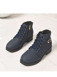 Navy Blue Chunky Heel Ankle Boots For Women, Lace-Up Side Zipper Buckle Thick Sole Anti-Slip Commuter Boots - Navy Blue - View 11