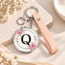 1pc 26 Letters Optional Floral Design Double-Sided Portable Makeup Mirror, 1X High Definition Mirror 180° Foldable PU Leather Pendant, Girls Bag Keychain Mirror/Bag Charm - Multicolor - View 12