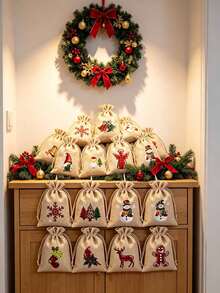 8pcs/Set Christmas Linen Drawstring Gift Bags, Plaid Christmas Print Reusable Linen Bags, Suitable For Holiday Gift Packaging And Party Decoration - Multicolor - View 2