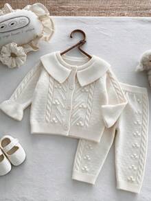 Baby Girl Gentle Knitted 2 Pieces Set, Cream White Hollow Cable Knit Puff Ball Collar Cardigan And Loose Cuffed Long Pants - Apricot - View 8