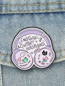 1pc Cute "EmotionalSupport Headphones" Enamel Pin,Cartoon Frog And Black Cat Stamp Badge,Fashion Accessory For Clothes And Bags,Gift For Music Lovers - Multicolor - View 3