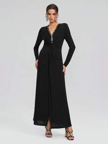 Rich Radi Q's Gaun Wanita Hitam Lengan Panjang Leher V Model A-Line, Dihiasi Detail Rhinestone Berkilau, Gaun Rok Lebar - Hitam - View 1