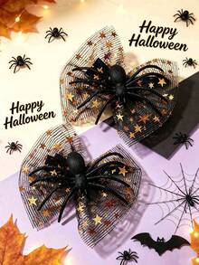 2pcs Halloween Spider Decor Gold Star Tulle Bows Alligator Clips Cosplay Costume Photo Prop Party Daily Hair Clips Kids Hair Accessories - Black - View 1