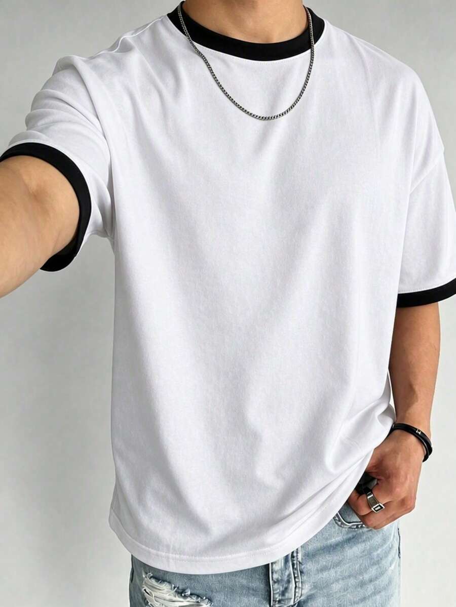 Men's Summer Casual Versatile Patchwork Short Sleeve T-Shirt - White - View 1