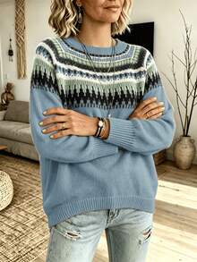 Women's Long Sleeve Geometric Pattern Crew Neck Sweater, Autumn/Winter - Dusty Blue - View 3