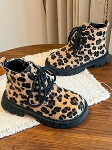 Autumn/Winter Kids' Leopard Print Boots, Personalized Thick Sole Durable Side Zipper Casual Ankle Boots For Boys And Girls - Mustard Yellow - View 5