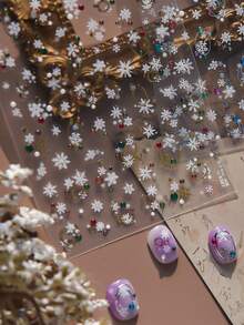 1 Sheet White Snowflake Nail Stickers, Colorful Bead Metal Ring Winter Christmas Self-Adhesive Nail Art Decals, Frozen Style DIY Manicure Nail Decorations - Multicolor - View 1