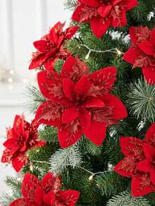 Glitter Poinsettia Christmas Tree Decoration Set - Suitable For Christmas Wreaths, Party Decor, Home Styling, Holiday Celebrations, And Gift Box Embellishments. - Dark Red - View 5