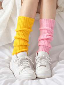 Random 2 Pairs Autumn/Winter Knitted Slouch Leg Warmers For Women, Solid Color Ribbed Elastic Warm Multi-Color Leg Warmers, Minimalist Style Daily Commute Versatile Leg Warmers - Multicolor - View 2