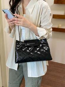 Women Tote Shoulder Bag,Diamond Quilted,Glossy Faux Leather,Double Layer Chain Strap & Logo Flap,Large Capacity,Classic Luxury Style,Daily Work - Black - View 7