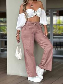 GLAMSKIN Women's Autumn Pink Cargo Wide Leg Pants, Drawstring Elastic High Waist Twill Multi-Pocket Long Pants, Casual Street Style Autumn Fashion Outfit - Dusty Pink - View 2