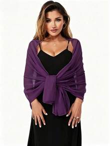 雪紡披肩圍巾披肩，適用於新娘婚禮派對晚禮服及特殊場合禮服 - 暗紫色 - 查看 3
