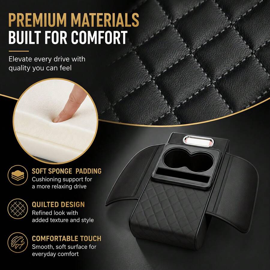1PC Car Center Console Armrest Organizer, Universal PU Leather Armrest Cover With Storage Box, 2 Cup Holders, Phone Holder, Tissue Holder & Side Pockets, Car Interior Center Console Pad For SUV, Sedan & Truck - A - View 1