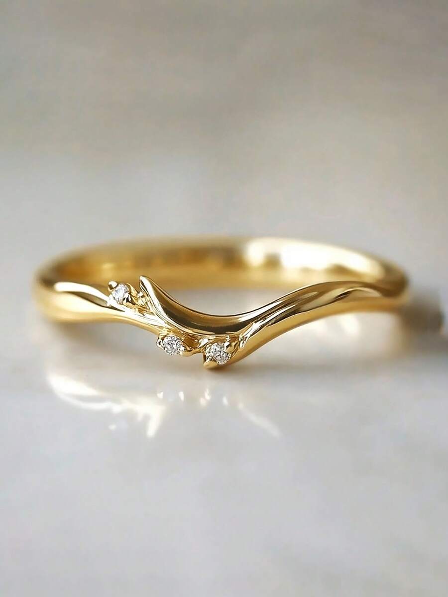 1pc Elegant Cubic Zirconia Ring, Women's Wedding Engagement Party Jewelry, Valentine's Day Gift - Yellow Gold - View 1