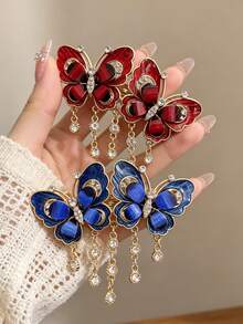 1pc Heavy-Duty Hollow Metal Double Butterfly Hair Clip, Glossy Oil-Drip Rhinestone Tassel Large Spring Clip, Banquet Wedding Women's Gift - Multicolor - View 2