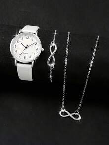 Women's Fashion Minimalist Digital Small Dial Quartz Watch + Jewelry Set (3pcs/Set) - White - View 6