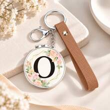 1pc 26 Letters Optional Floral Design Double-Sided Portable Makeup Mirror, 1X High Definition Mirror 180° Foldable PU Leather Pendant, Girls Bag Keychain Mirror/Bag Charm - Multicolor - View 37