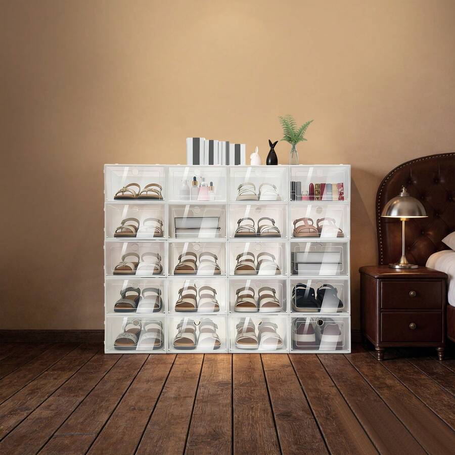 White PP ABS Foldable Shoe Storage Boxes 20 Pack Transparent Lid Stackable Organizer For Shoes Sundries Bedroom Porch - White - View 1