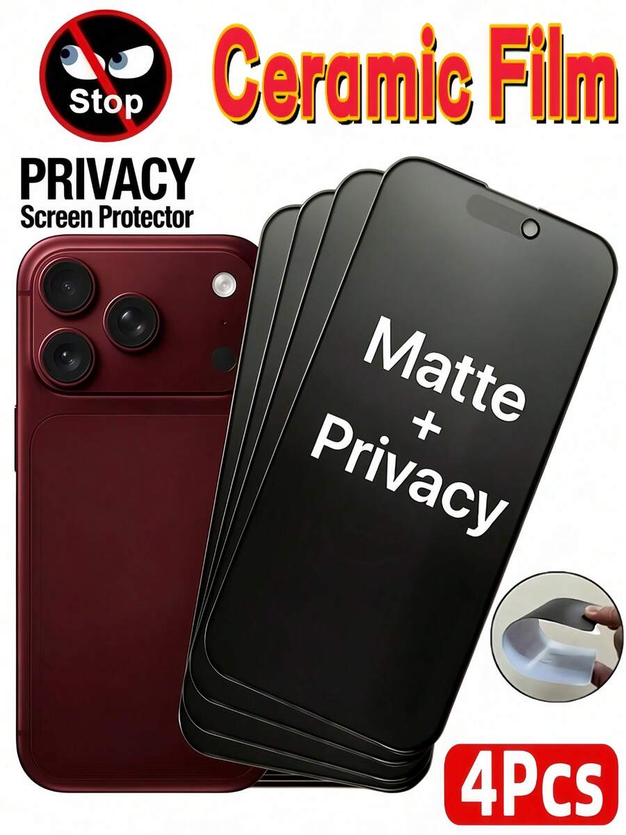 4 buah Pelindung Layar Keramik Fleksibel Matte Anti-Intip, Anti-Silau Anti-Sidik Jari, Kompatibel dengan iPhone 18 Pro Max 17 16 Plus 15 14 13 12 11 Series, Anti-Ledakan Anti-Gores Anti-Intip, Bebas Gelembung, Penyerapan Otomatis, Perlindungan Privasi, Film Lembut, Bukan Kaca